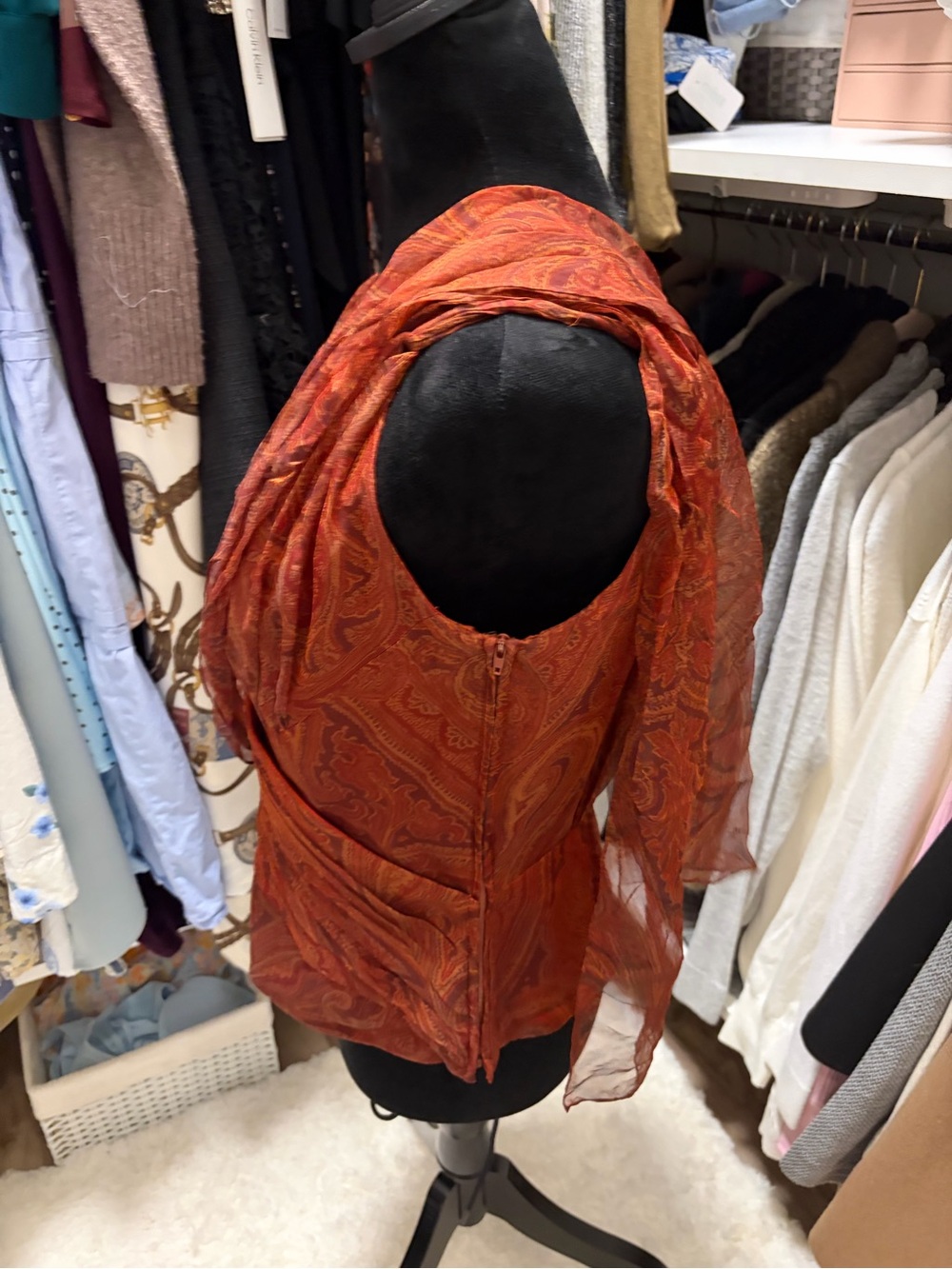 VINTAGE ✨Carmen Marc Valvo Signature Red-Orange Strapless Draped V-Neck Shirt - Picture 7 of 8